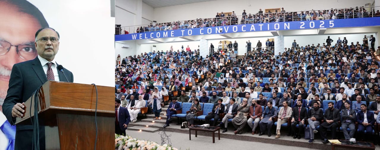 Federal Minister for Planning, Development and Special Initiatives Ahsan Iqbal addresses a seminar titled "Role of Youth in Uraan Pakistan" at Institute of Management Sciences, Peshawar 